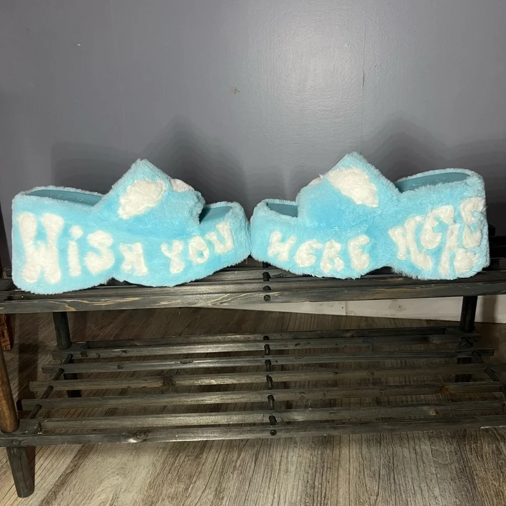 DELIA*s Wish You Were Here Platform Fluffy Blue and White Sandals - Picture 1 of 5